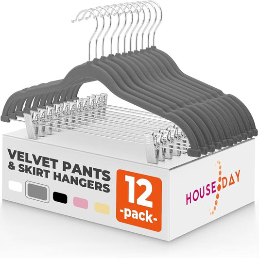 HOUSE DAY Velvet Skirt Hangers 12 Pack, Gray Velvet Pant Hangers with Adjustable Clips, Space Saving Slim Shorts Hanger, Heavy Duty Non Slip Clip Hanger for Pants, Skirts, Shorts