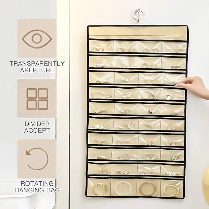 Double Sided Hanging Jewelry Organizer, 48 Pockets Clear Window Large Jewelry Hanging Organizer with Necklace Hanger, Wall/Door/Closet Stud Earring Bracelet Ring Storage