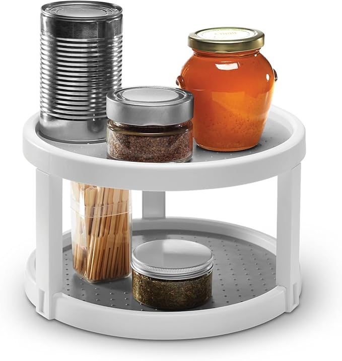 madesmart 10" Two-Level Turntable, Tiered Spinning Organizer for Spices, Lazy Susan Organizer, Condiments & Pantry Items, Non-Slip Lining, Easy to Clean, White