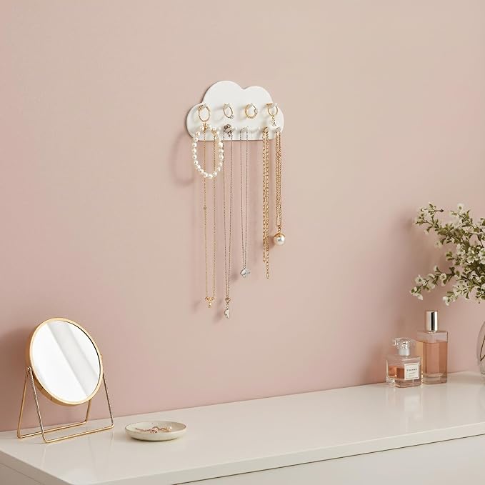 6 Pcs White Cloud Wall Jewelry Organizer, Jewelry Holder Wall for Necklaces & Earrings (5.71 × 2.95 in)