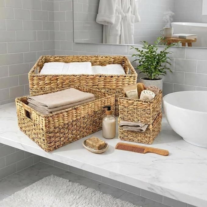 Wicker Basket Set of 4, Natural Seagrass and Hyacinth Nesting Storage Baskets with Handles for Organizing Shelves, Closet, Pantry, Living Room, Decorative Wicker Storage Baskets, 4 Pack