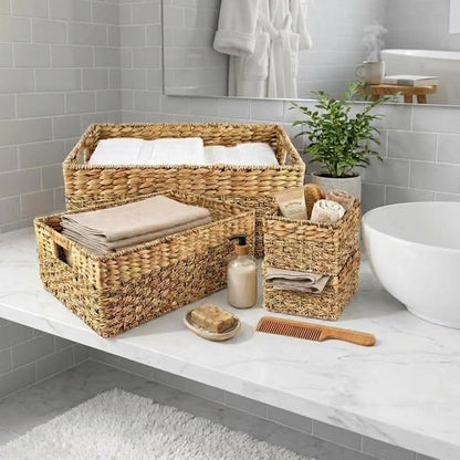 Wicker Basket Set of 4, Natural Seagrass and Hyacinth Nesting Storage Baskets with Handles for Organizing Shelves, Closet, Pantry, Living Room, Decorative Wicker Storage Baskets, 4 Pack