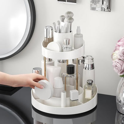 2 tier Makeup Organizer Countertop,360 Rotating Makeup Organizer for Skincare, Lipstick and Perfumes,Multi-function Cosmetic Display Cases for Vanity,Bathroom,White