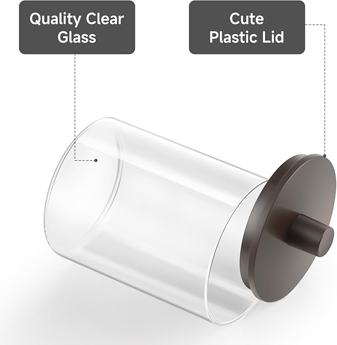 3 Pack Glass Qtip Holder Dispenser- 10 oz Clear Canister Apothecary Jar, Bathroom Vanity Storage Organizer Set for Cotton Swabs, Pads, Floss Picks, Small Containers for Makeup Storage (Brown)