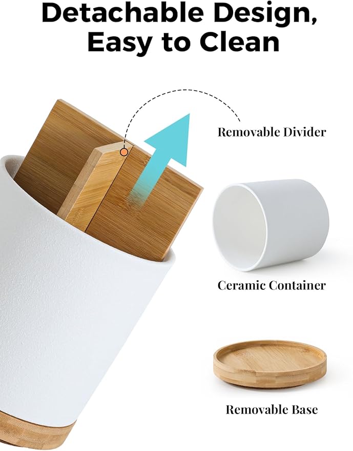 LoeJan 3 Compartment Utensil Holder, Extra Large Utensil Crock, Stable Ceramic Utensil Organizer, Cooking Tool Organizer Set for Kitchen Counter Farmhouse Decor, Textured White