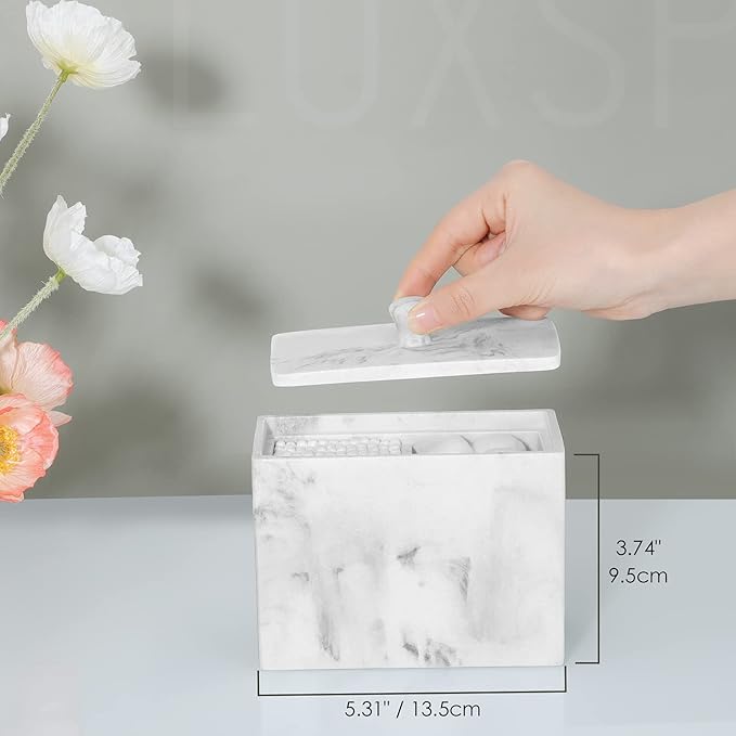 Luxspire Cotton Swab Holder, Resin Canister with Lid, 2 Compartments Dispenser Storage Box Cosmetics Countertop Organizer Containers for Pads, Rounds - Gravel White