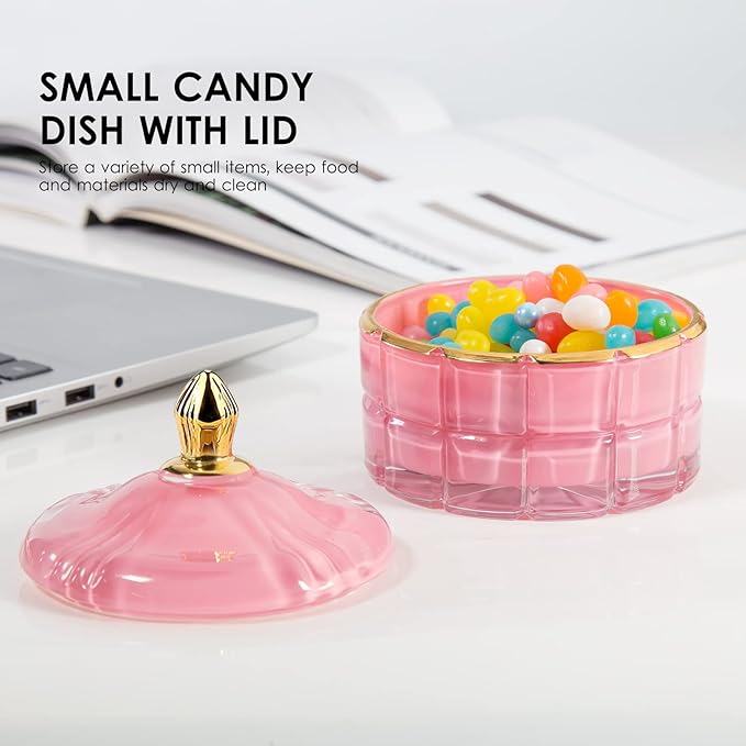 ALAMHI Glass Candy Dish Decorative Bowl, Apothecary Jars with Lids Bathroom Glass Jars for Cotton Ball or Cotton Swab Jewelry Storage Boxes with Lids, Crystal Pink Gifts for Women