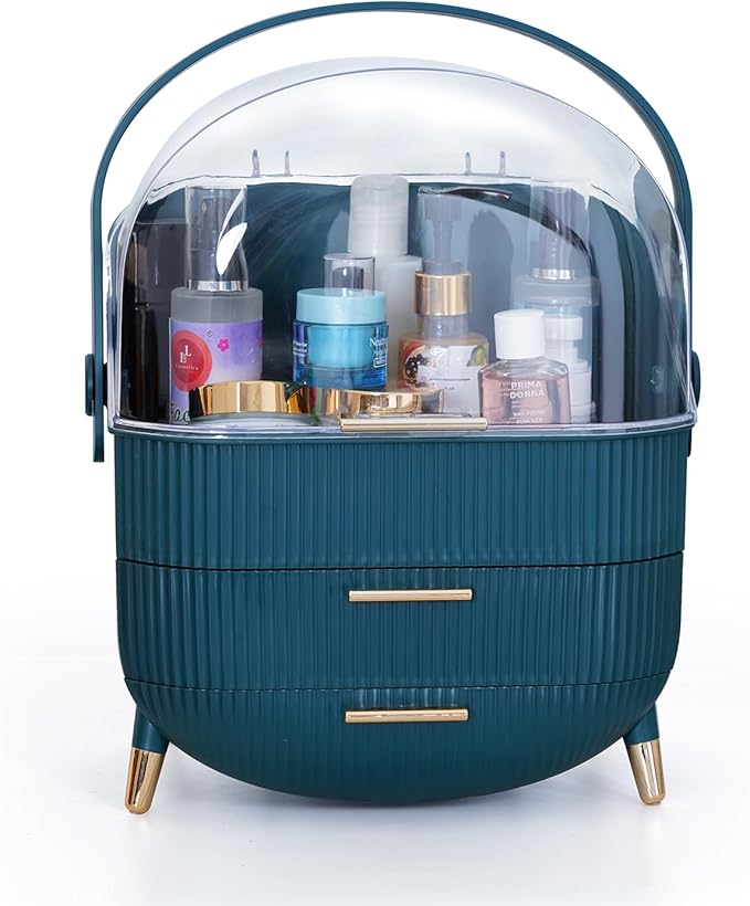 Makeup Cosmetic Organizer Box with Drawer Storage - Plastic Oval Storage Organizer with Turn Lock, Large Capacity for Women’s Skincare and Beauty Products (Green)