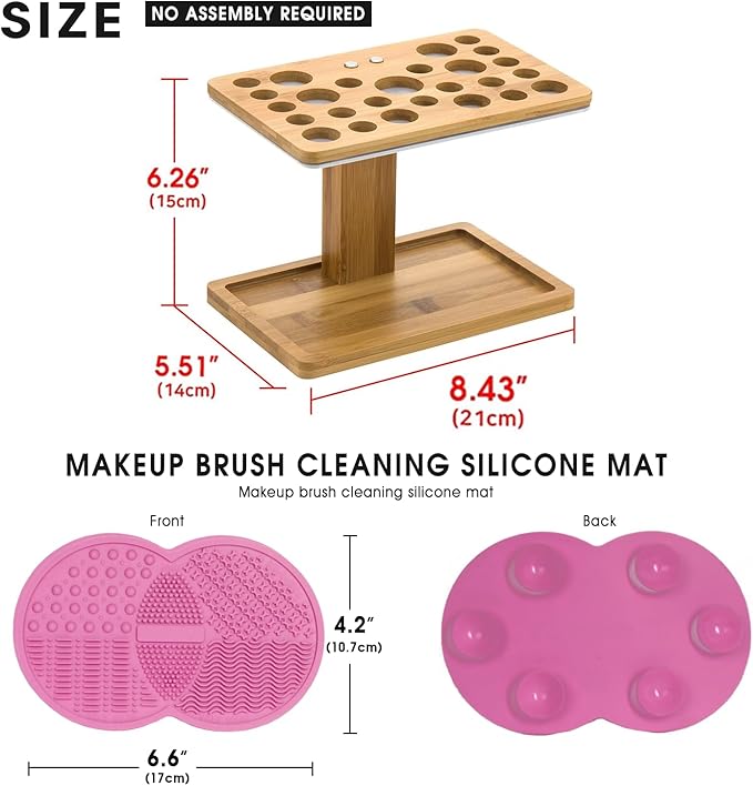 Bamboo Brush Makeup Cosmetic Air Drying Rack Tower Acrylic Folding Brushes Dryer Holder Display Organizer Stand with Silicone Brush Cleaner Mat Support Tray(26 Hole, FULLY ASSEMBLED) – MK288B