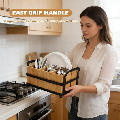 Silverware Caddy for Party, Wood Utensil Holder with 4 Compartments Paper Plate Dispenser for Kitchen Countertop Organizing Paper Plate, Fork, Spoon, Napkin