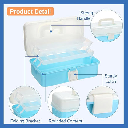 Hipiwe 3-Layer Plastic Storage Box 12.8" Multipurpose Craft Organizers with Dividers & Handle Hair Accessories Organizer Folding Craft Tool Case Portable Tackle Box for Sewing Art Cosmetic, Blue