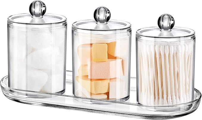 Qtip Holder Bathroom Set with Tray(4PCS) - 3 Pack Acrylic Plastic Apothecary Jars Qtip Dispenser Canister with Lid and Labels, 1 Pack Bathroom Vanity Tray, for Cotton Ball, Cotton Swab(Clear)