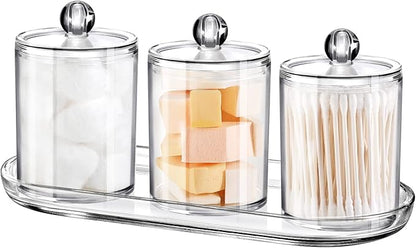 Qtip Holder Bathroom Set with Tray(4PCS) - 3 Pack Acrylic Plastic Apothecary Jars Qtip Dispenser Canister with Lid and Labels, 1 Pack Bathroom Vanity Tray, for Cotton Ball, Cotton Swab(Clear)