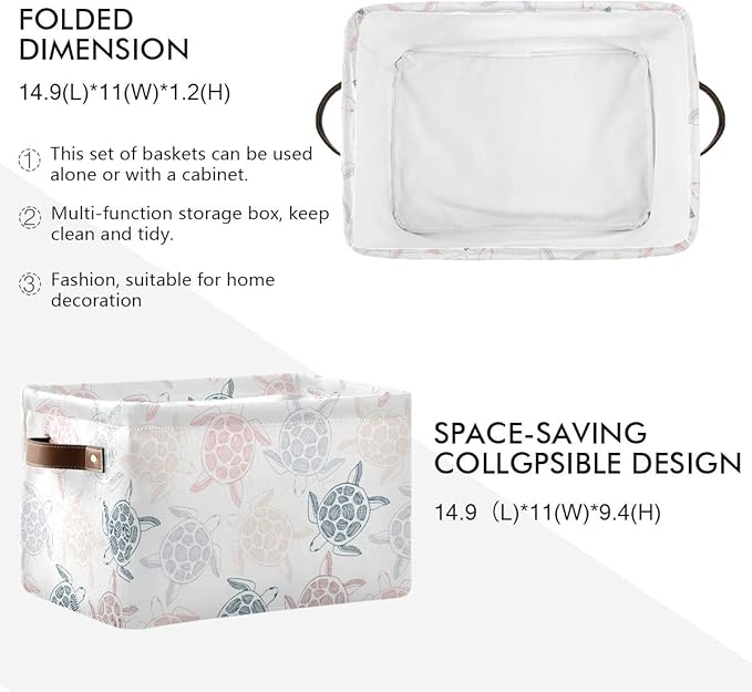 Large Storage Basket Bin Sea Turtles Pattern Storage Cube Box Foldable Canvas Fabric Collapsible Organizer with Handles for Home Office Closet