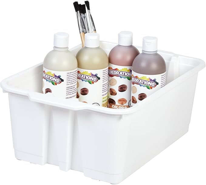 Really Good Stuff Stacking Bins, 14" x 10" x 5 .75" - 12 Pack, White, Stackable Storage Plastic Bins for Classroom Organization, Home Storage, Office & Hospital Supplies