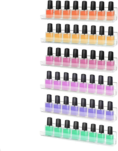 ROYALITA 6-Pack Acrylic Shelves - Nail Polish Organizer Wall Mounted Shelves, Nail Polish Rack with Removable Anti-Slip End Inserts, Nail Polish Holder for Bottles Nail Polish Display & Storage Shelf