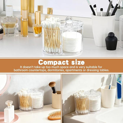 Q Tip Holder, 2-Grid Acrylic Cotton Swab & Cotton Pad Holder, 2 PCS Qtip Holder with Dustproof Lid for Bathroom,With 2 Pack of Qtips, Dressing Table Round Container