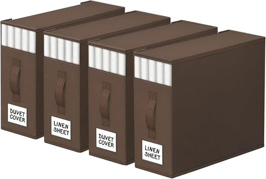 StorageTastic 4 Pack Bed Sheet Closet Organizers and Storage,Sturdy Foldable Storage Containers with Window and Label,Storage and Organization for Bedding Sheets,Duvet Covers,Blankets (Brown)