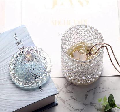 Glass Qtip Holder with Lid, Decorative Glass Apothecary Jar Crystal Canister Jar Bathroom Vanity Organizer for Q-tips, Cotton Ball & Swab, Cotton Pads, Hair Band, Candy Storage