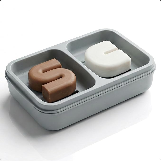 AIMAIAIMAI 2-Compartment Shampoo Bar Holder | Slotted Soap Dish with Drainage Tray for Bar Shampoo and Conditioner (1-Pack, Gray)