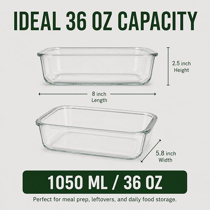 5 Pack 36oz Borosilicate Glass Food Storage Containers Set with Lids, Freezer Meal Prep Containers, Airtight Bento Lunch Container Set, Oven, Freezer and Dishwasher Safe, BPA Free, Kitchen Storage Set