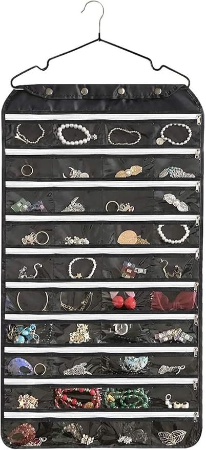 BB Brotrade Hanging Jewelry Organizer with Oxford Double Side 80 Zippered Storage Pocket (Black)