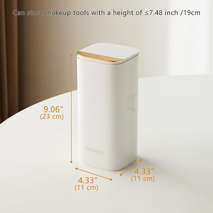 Makeup Brush Holder with Lid, Push Pop-Up Makeup Brush Organizer,4 Slots Makeup Cosmetics Organizerfor Vanity Decor, Bathroom Countertop ,Large Capcity, Dustproof,Waterproof | White and Gold