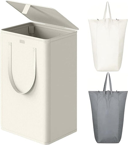 WOWLIVE 100L Laundry Hamper with Lid, Large Foldbale Laundry Basket with 2 Removable Bags and Handles, Tall Collapsible Dirty Clothes Hamper for Laundry Room, Bathroom, Dorm (Beige)