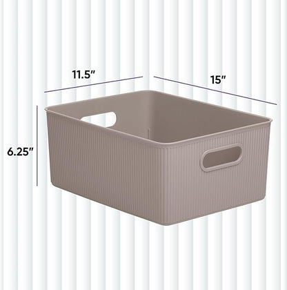 Decorative Plastic Basket Open Home Storage Bins Organizer, Large Taupe (6 Pack) Container Boxes for Organizing Closet Storage Bins for Shelves Drawer Shelf - Ribbed Collection 15 Liter/16 Quart