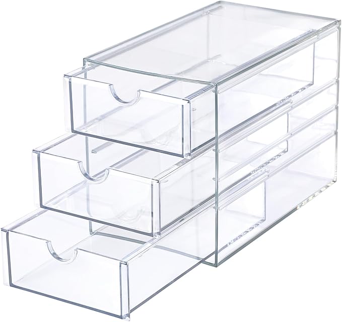 Hipiwe 3 Drawers Acrylic Drawer Organizer Clear Desktop Organizer for Hair Accessories Jewelry Stationery Office Supplies Acrylic Drawer Storage Box for Vanity Bathroom Closet