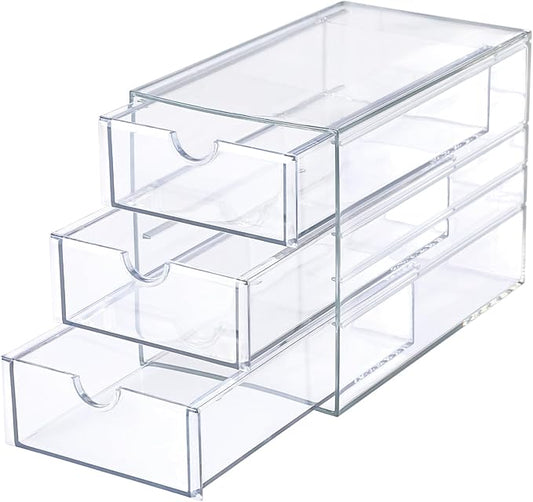 Hipiwe 3 Drawers Acrylic Drawer Organizer Clear Desktop Organizer for Hair Accessories Jewelry Stationery Office Supplies Acrylic Drawer Storage Box for Vanity Bathroom Closet