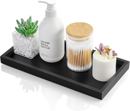 ALELION 11.7" Bathroom Vanity Tray for Counter - Black Wood Decorative Tray for Toilet Tank Makeup Perfume Jewelry Catchall Coffee Table - Wooden Kitchen Countertop Organizer for Soap Dispenser