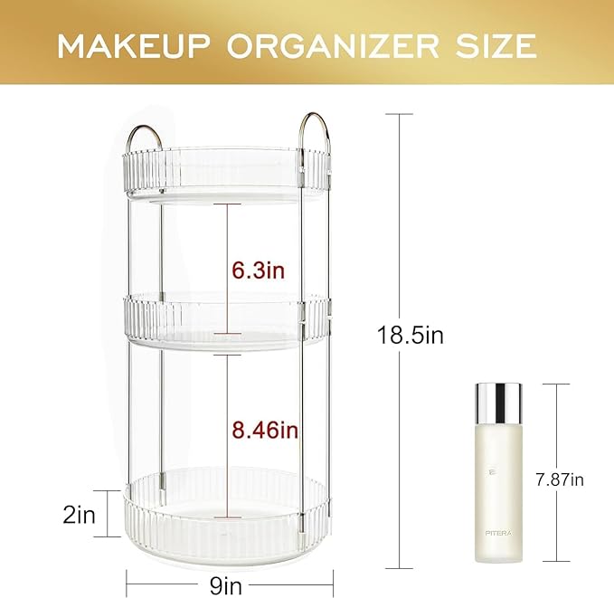 360 Rotating Makeup Organizer and Storage for Vanity Countertop 3 Tiers, High Capacity Cosmetic Skincare Perfume Organizers for Dresser Bathroom Lazy Susan