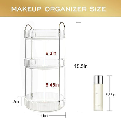 360 Rotating Makeup Organizer and Storage for Vanity Countertop 3 Tiers, High Capacity Cosmetic Skincare Perfume Organizers for Dresser Bathroom Lazy Susan