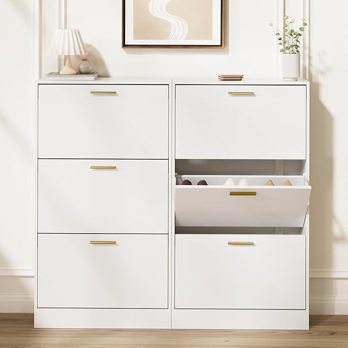 LYNSOM Shoe Cabinet Set of 2, Free Standing Tipping Bucket Shoe Rack Organizer with 3 Flip Drawers, Modern Entryway Shoe Storage with Top Display, Narrow Slim Hidden Shoe Cabinet (White)