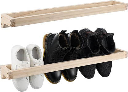 Wenqik 2 Pcs Wall Mounted Wooden Shoe Rack 30 Inch Rustic Wood Wall Hanging Shoe Rack Space Saving Footwear Holder Shoes Storage Organizer for Mudroom, Entryway, Closet (Wood Color)