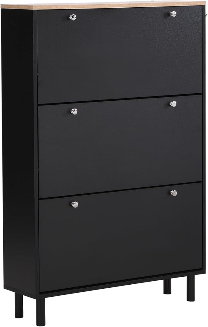 Contemporary Shoe Cabinet with 3 Flip Doors Free-Standing Wooden Shoe Rack Shoe Storage Organizer for Entryway Hallway Small Space (Black&Natural)