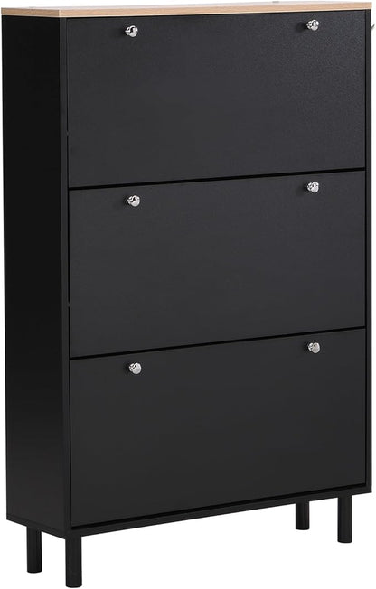 Contemporary Shoe Cabinet with 3 Flip Doors Free-Standing Wooden Shoe Rack Shoe Storage Organizer for Entryway Hallway Small Space (Black&Natural)