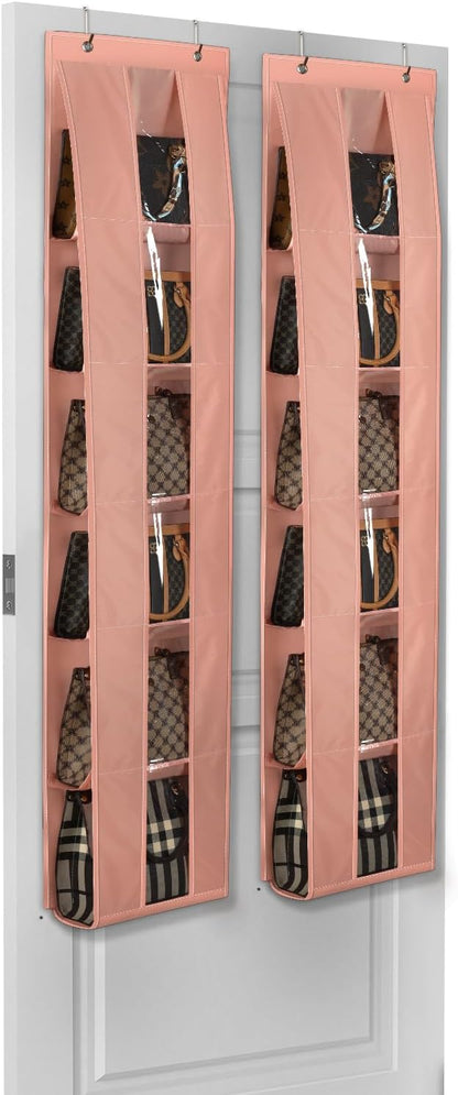 Lirex Over the Door Organizer, 2 Pack Handbag Storage with 6-Tier Space-Saving for Door or Closet, Handbag Hanger, Light Pink