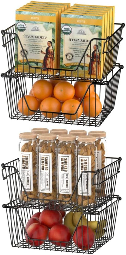 Slideep Wire Storage Baskets for Organizing, 4 Pack 14'' Stacking Metal Wire Freezer Organizer Bins with Handles, Large Pantry Baskets for Kitchen Cabinets, Bathroom, Laundry, Garage, Black