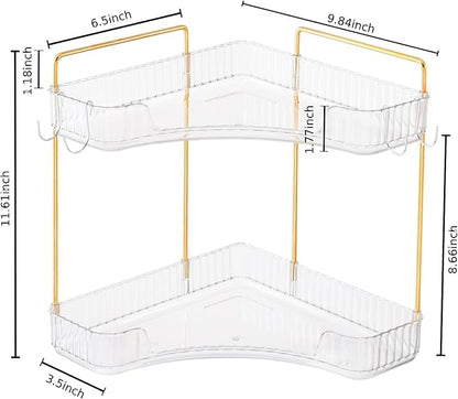 2-Tier Corner Bathroom Organizer Countertop with Hooks, Bathroom Sink Corner Vanity Storage for Makeup, Skincare and Perfume (White Gold)