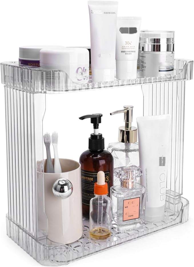 Ayswupt Acrylic 2 Tier Bathroom Counter Organizer,Makeup Organizer for Vanity,Clear Organizer Shelf for Kitchen Sink Countertop Storage,Perfume Tray for Dresser,Decor Tray for Skincare Cosmetics