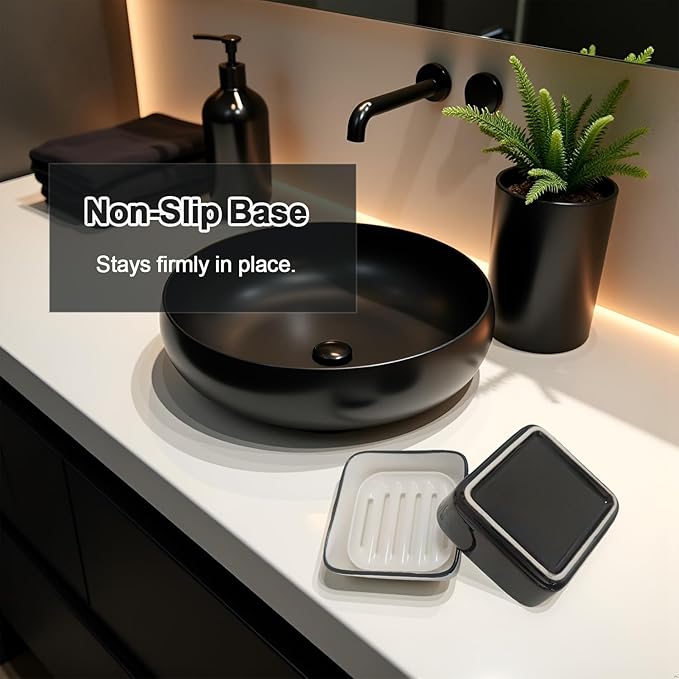 Ceramic Soap Dish, Square Shower Case with Drain Grid, Compact Bathroom Soap Holder for Sink Countertop, Decorative Ceramic Soap Saver Tray, Dish for Liquid or Bars (Black)