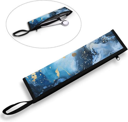 COEQINE Portable Utensil Case Fashion Marble Travel Frok Spoon Knife With Case Keychain Travel Accessories Lightweight Leafproof With Zipper 11.8 x 2.7 inch