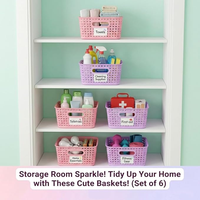 Mixed Color Small Plastic Open Storage Weave Baskets, 6-Pack Versatile Shelf Organizer Woven Baskets for Classrooms, Children's Rooms, and Pantries, Pink/Purple-10x7.5x4 inch