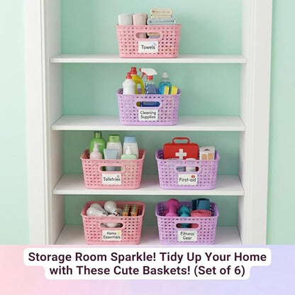 Mixed Color Small Plastic Open Storage Weave Baskets, 6-Pack Versatile Shelf Organizer Woven Baskets for Classrooms, Children's Rooms, and Pantries, Pink/Purple-10x7.5x4 inch