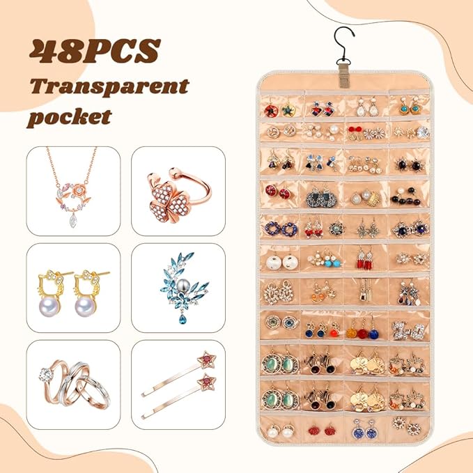 48 Pocket Oxford Fabric Double Sided Hanging Rotating Jewelry Organizer, Bracelet Necklace Jewelry Display Hanger for Closet Door, Earring Dustproof Holder Wall Mount Accessories(Off-white)