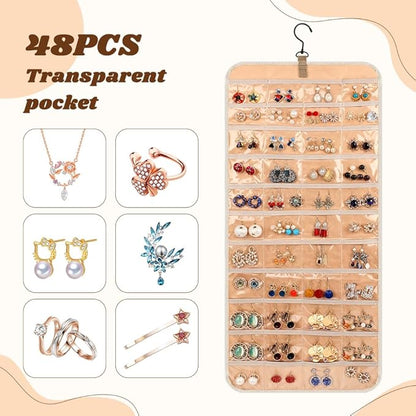 48 Pocket Oxford Fabric Double Sided Hanging Rotating Jewelry Organizer, Bracelet Necklace Jewelry Display Hanger for Closet Door, Earring Dustproof Holder Wall Mount Accessories(Off-white)