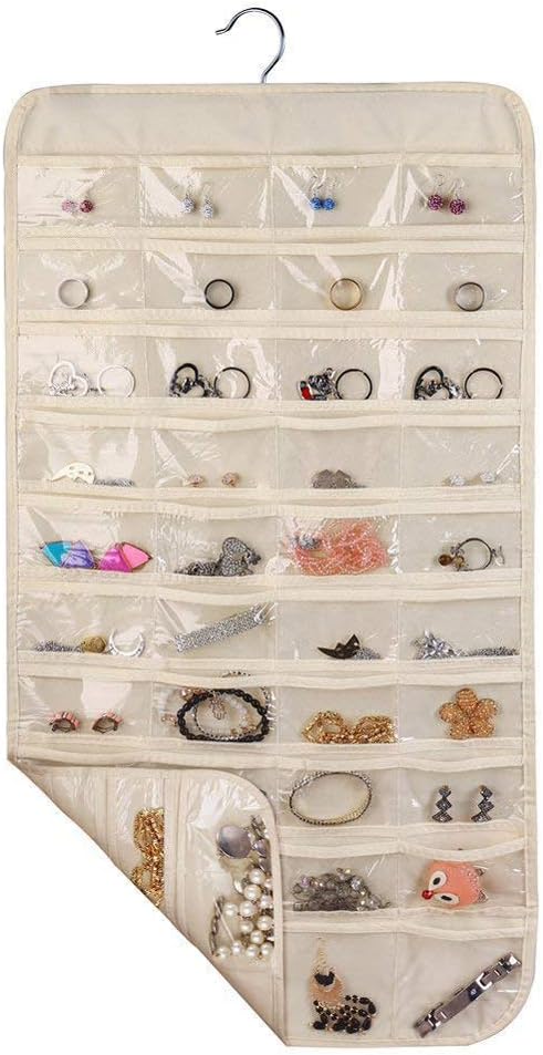80 Pockets Hanging Jewelry Organizer, 2 Sided Over the Door Wall Mount Rotating Hanger Clear Window Storage Bag for Small Items Earrings, Rings, Necklaces, Bracelets, Hair Clips