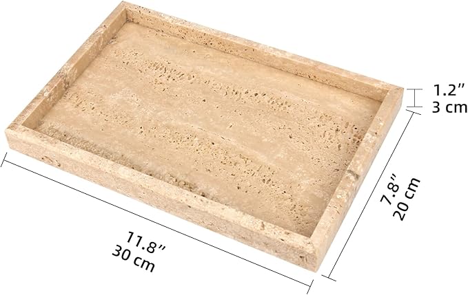Marble Bathroom Vanity Tray, Natural Luxury Vanity Home Kitchen Bathroom Table Tray, Stone Decorative Countertop Dresser Trays for Key Coffee Perfume Jewelry Makeup (Travertine, 12"x 8" x1.2")